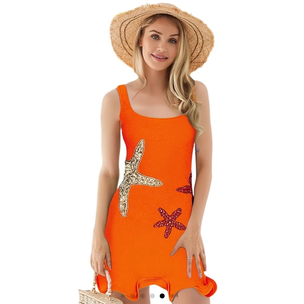 Orange Starfish Embroidery Dress